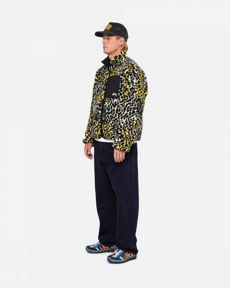 Yellow Leopard Stussy Sherpa Reversible Jackets | 3719MBRLJ